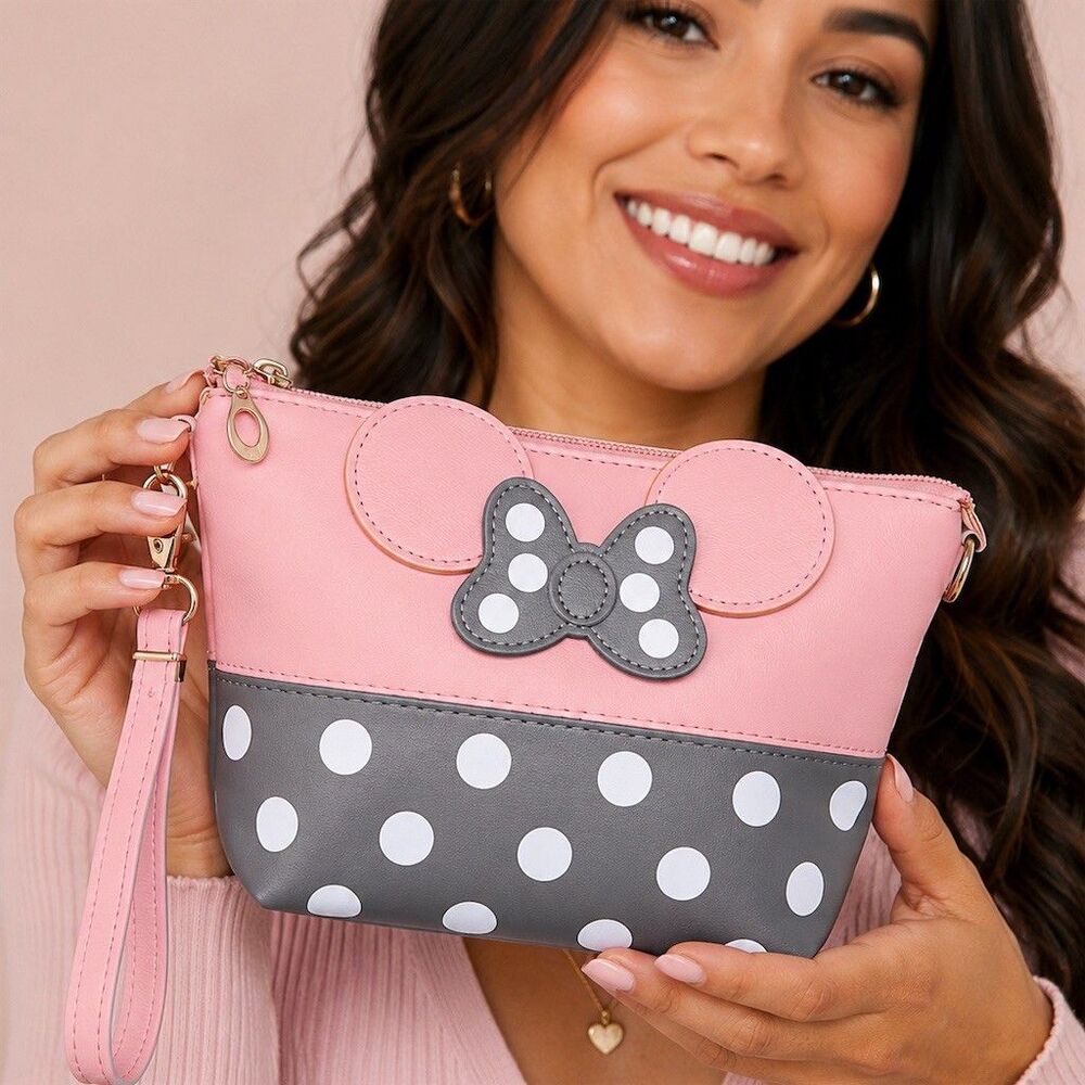 Minnie Haha Makeup Bag Pink & Gray Polka Dot Bow Wristlet Zip Cosmetic